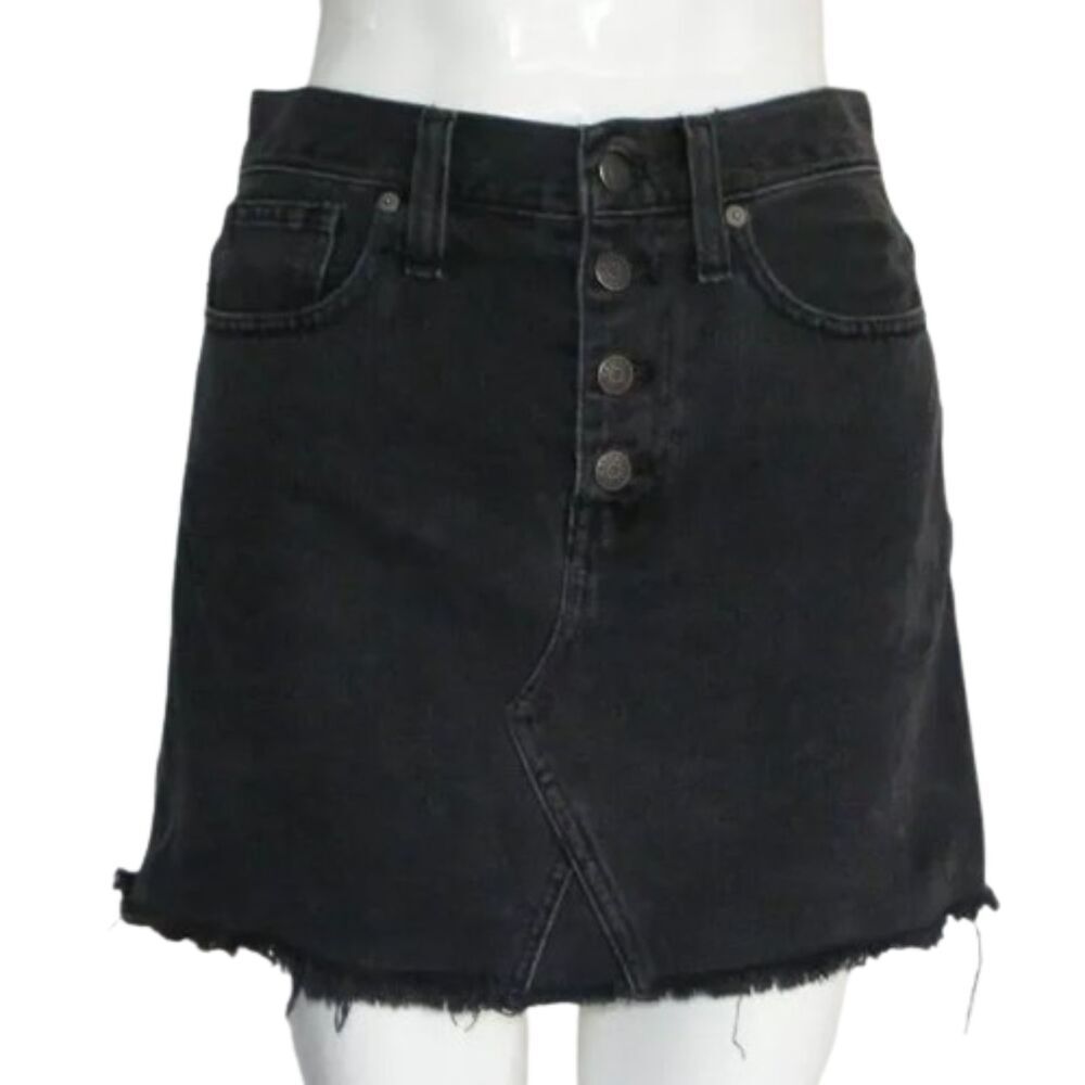 MADEWELL Denim Skirt, 26, Rigid A-Line, Black, Fringe Hem, Button Fly